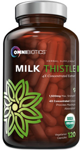 OmniBiotics Organic Milk Thistle Supplement 1500mg  4X Concentrated Extract with Silymarin  High Potency Liver Detox & Support  120 Vegan Capsules