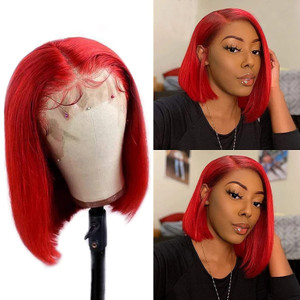 Lace Front Bob Wigs Virgin Human Hair 150% Density Glueless T-part Swiss Lace 12 Inch Shoulder Length Red Blunt Cut Bob Haircut Silky Straight Real H