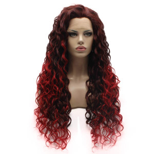 Lushy Hair Stylish Long Kinky Curly Auburn Root Red Ombre Wig Heavy Density Realistic Synthetic Lace Front Wig