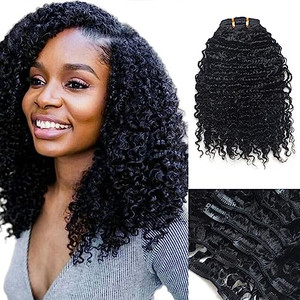 Luwigs Afro Kinky Curly 3B 3C Clip in Hair Extensions for Black Women Real Brazilian Virgin Human Hair Clip Ins Natural Color 7pcs/set (14 inches, 3B