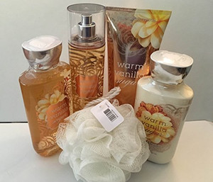 Bath & Body Warm Vanilla Sugar Deluxe 5 Piece Gift Set with Full Size Cream, Lotion, Shower Gel, Fragrance Mist and Shower Sponge