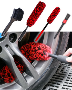 oesee Professional 4 Pack Long Handle Wheel Brush Kit for Cleaning Wheel and Tire- 2X Soft Wheel Cleaning Brush, Detailing Brush and Stiff Tire Brush