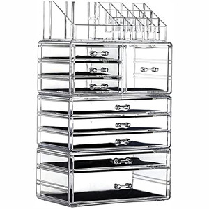 Cq acrylic 4 Pack Clear Make up Organizer Countertop,Stackable 9 Drawers Makeup Storage,Cute Vanity Organizers for dresser Hair Clip,Jewelry,Beauty P