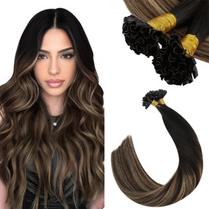 Ugeat Balayage U Tip Human Hair Extensions Natural Black to Dark Brown Mix Caramel Brown Ombre Pre Bonded Hair Extensions Real Human Hair Utip Fusion