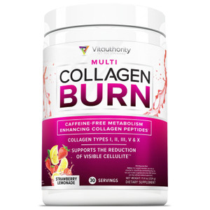 Multi Collagen Burn: Hydrolyzed Protein Peptides with Hyaluronic Acid, Vitamin C, SOD B Dimpless, Types I, II, III, V and X, Caffeine-Free Strawberry