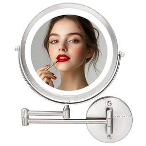 OVENTE Wall Mounted Lighted Makeup Mirror, 9" Double Sided 1X/10X Magnifying Vanity Mirror for Bathroom with LED Lights, Cordless, 360° Rotation and