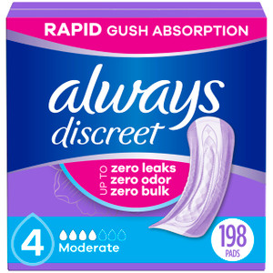 Always Discreet Adult Incontinence Pads for Women, Moderate Absorbency, Regular Length, Postpartum Pads, 198 Count (3 Packs of 66)