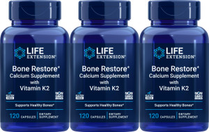 Life Extension Bone Restore Calcium Supplement with Vitamin K2, 120 Capsules (Pack of 3)