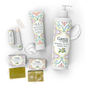 Olive Oil Body Essentials Kit by Garcia de la Cruz Extra Virgin Olive Oil Infused Skin Care Gift Set includes Body Milk, Lip Balm, Hand Cream, and 2