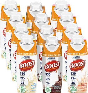 BOOST Very High Calorie Nutritional Drink Variety Pack, 12 Count  4 Vanilla, 4 Chocolate, 4 Strawberry  530 Calories per 8 fl oz Bottle, Nutrient-R