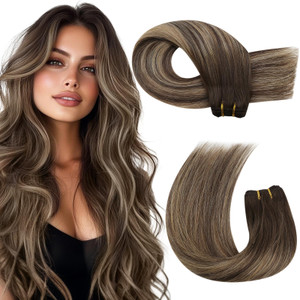 Moresoo Hair Wefts Human Hair Sew in Dark Brown with Caramel Blonde Highlights Sew in Weft Hair Extensions Human Hair Silky Straight 100 Gram 14 Inch