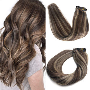 Blayage Clip in/on Hair Extensions Double Weft Brazilian Hair 22" 120g Ombre #6 Chestnut Brown and #613 Bleach Blond Highlighted Dip Dyed for Full He