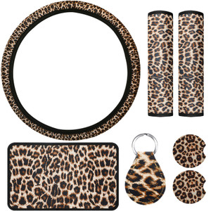7-Piece Leopard Print Car Accessory Set - Steering Wheel Cover, Car Coasters, Keyring, Armrest Pad & Seat Belt Pads for Most Cars