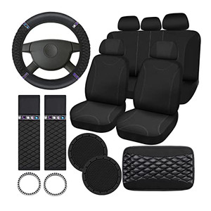 Fulmoon 17 Pcs Car Accessories Set for Women Seat Bling Leather Steering Wheel Cover Seat Belt Shoulder Pad Armrest Cup Holders Covers Full Crystal D