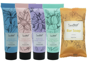 Travel Well Flower Series Mini Hotel Toiletries - Individually Wrapped Guest Bathroom Amenities in Bulk - Shampoo & Conditioner Minis Bulk - Body Was