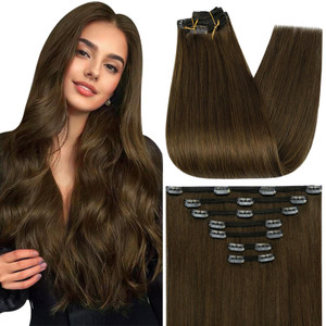 Full Shine Hair Extensions Clip in Real Human Hair Chestnut Brown Clip on Hair Extensions Invisible Brown Hair Full Head 18 Inch 7 Pcs 120g