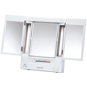 JERDON Tri-Fold Two-Sided Makeup Mirror with Lights - Vanity Mirror with 5X Magnification & Multiple Light Settings - White Base - Model JGL9W