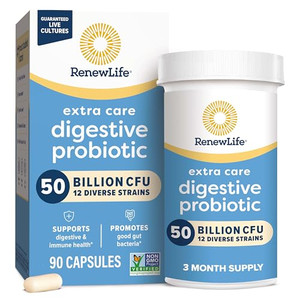 Renew Life Extra Care Digestive Probiotic Capsules, 50 Billion CFU Guaranteed, Daily Supplement Supports Immune, Digestive, Respiratory Health(1), L.