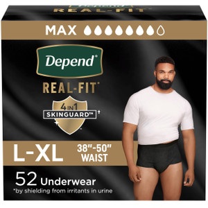 Depend Real Fit Adult Diapers, Incontinence Underwear for Men, Disposable, Maximum Absorbency, Large/Extra Large, Black, 52 Count (2 packs of 26), Pa