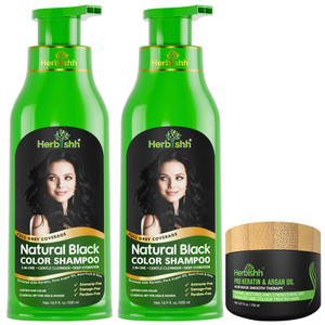 Combo Pack - 2pcs Herbishh Hair Color Shampoo + 1pc Argan Intense Hair Mask - Long-lasting Gray Hair Dye - 500ml - Stimulates Dry, Frizzy Hair (Black