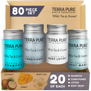 Terra Pure White Tea & Coconut Toiletries Set | 1-Shoppe Amenities Kit | 1oz Shampoo & Conditioner, Body Wash, Lotion | Travel Size | 80 Pieces