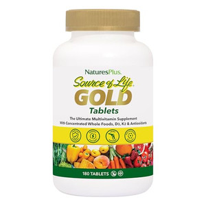 NaturesPlus Source of Life GOLD Multivitamin - 180 Tablets - With Vitamins D3, B12 & K2 - Blood, Bone & Immune Support - Vegetarian & Gluten Free - 6