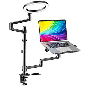 WALI Laptop Desk Mount, Laptop Stand for Desk with 10" LED Ring Light 3 Color&10Brightness, Height Adjustable Monitor Stand for 17-32" Monitor 12-17