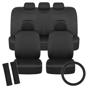 BDK PolyPro Car Seat Covers Full Set in Solid Black with Steering Wheel Cover & Seat Belt Pads  Front and Rear Split Bench Car Seat Cover, Easy to I