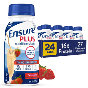 Ensure Plus Strawberry Nutrition Shake | Meal Replacement Shake | Ready To Drink | 16g Protein and 27 Vitamins and Minerals | 8 fl oz - 24 Pack