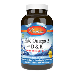 Carlson - Elite Omega-3 Plus D & K, 700 mg Omega-3s + D3 & K2, Function, Bone Health & Immune Support, Lemon, 180 Softgels