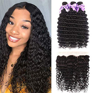 Miss GAGA Brazilian 3 Bundles with Frontal Deep Wave Hair Bundles with 13x4 Free Part Frontal Ear to Ear Unprocessed Virgin Human Hair (18 20 22+16)