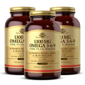 Solgar 1300 mg Omega 3-6-9, 120 Softgels (Pack of 3) - Fish Oil Supplement - Support for Joint & Skin Health - Includes Flaxseed & Borage - Contains