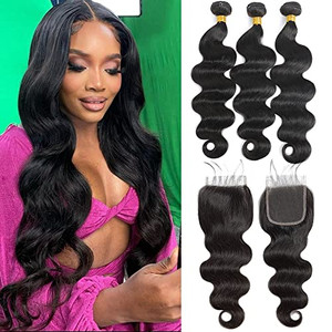 Kapelli Hair Brazilian Virgin Hair Body Wave 3 Bundles with Closure (20 22 24+20") 10A Brazilian Remy Human Hair Bundles with Closure Body Wave Bundl
