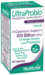 HealthAid UltraProbio, 100 Billion 60ct Once Daily Capsules, Optimum Support 100 Billion with Prebiotic, Acid & Bile Resistant, Dairy & Gluten Free,