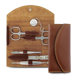 Nippes Solingen Manicure Set, 7-Piece, Stainless Steel, Nickel-Free, Genuine Brown Cowhide Leather Case Made In Solingen Germany