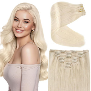 Ve Sunny 24 Inch Hair Extensions Clip in Platinum Blonde Long Real Hair Clip in Hair Extensions Remy Human Hair Double Weft 120g 7pcs