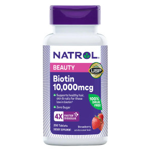 Natrol Biotin 10000 mcg, Strawberry Flavor, Fast Dissolve Tablets, Extra Strength, 250 Count