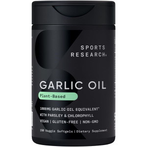 Sports Research® Odorless Garlic Oil Pills (1000mg) with Parsley & Chlorophyll - Vegan Certified · Non-GMO · Gluten Free - 150 Plantgel Capsules
