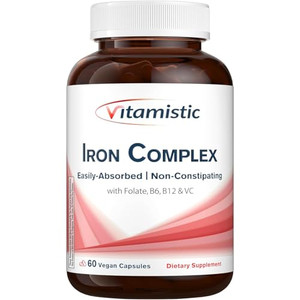 Vitamistic Iron Supplement for Women, 36 mg Elemental Iron, Non-GMO & Non-Constipating, Ferrous Bisglycinate, Plus B & C Vitamins, Blood-Building & E