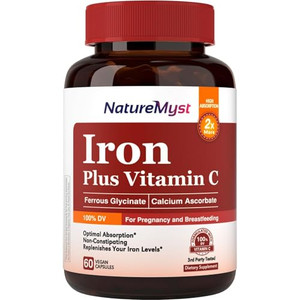 NatureMyst Gentle Iron Supplement for Women Men, 27mg Iron Bisglycinate Plus 120mg Vitamin C, Stomach Friendly, Optimal Absorption & Non-Constipating