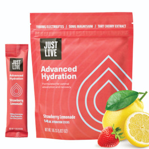 Just Live Advanced Hydration - Strawberry Lemonade, Electrolyte Drink Mix, Tart Cherry Extract, Supports Recovery & Absorption, Low Sugar, 14 Pack