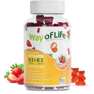 Vitamin D3 5000 IU (125 mcg) + K2 (MK-7) 100 mcg Sugar-Free Gummies, Strawberry - 120 count, Bone and Heart Health for Adults, Muscle Funtion, Pectin