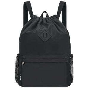 WANDF Drawstring Backpack Sports Gym Bag with Shoes Compartment, Water-Resistant String Backpack Cinch for Women Men (Large,Black)