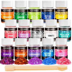 LEOBRO Holographic Chunky Glitter, 15 Colors Craft Glitter for Resin, Nail Body, Jewelry Arts and Crafts, with 5 Mixing Spoons