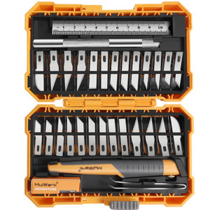 MulWark 32-Piece Precision Hobby Knife Set - Exacto Knife Set For Modeling - Craft Knife Handle Customized With Chiseling, Stencil Edge And Fine Poin