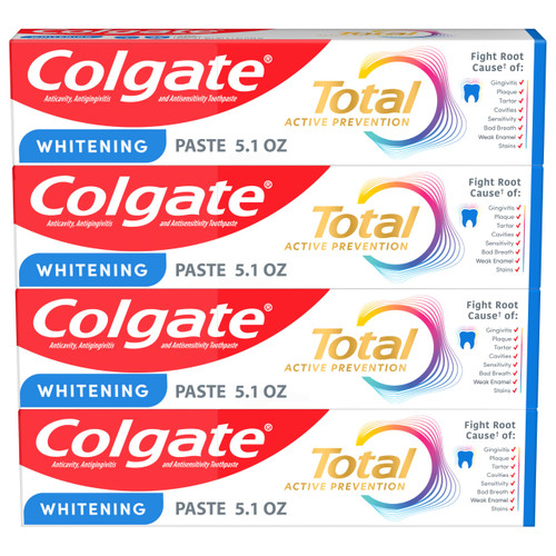 Colgate Total Whitening Toothpaste Paste, 5.1 oz, 4 Pack, Fluoride, Antibacterial, for Plaque, Gingivitis, Sensitivity, Stain Removal, Clinically Pro