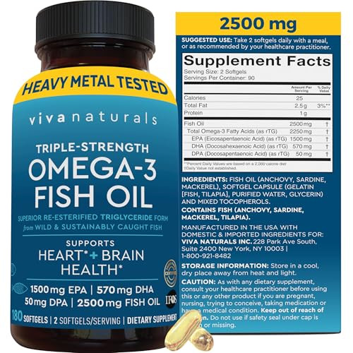 Triple Strength Fish Oil Omega 3 Supplements for Women and Men  2500 mg High-Potency, Easy-to-Absorb Re-esterified Triglyceride Form, Pescatarian-Fr