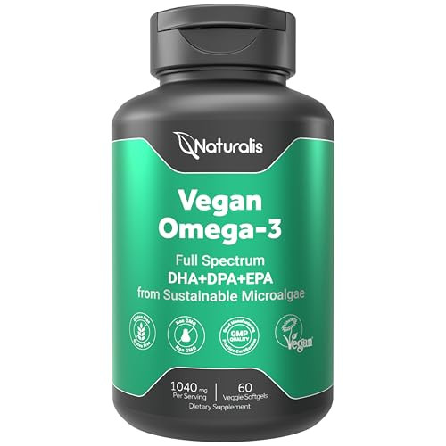Naturalis Vegan Omega 3 DHA, EPA & DPA from Algae | Vegan Society Certified, Sustainably Sourced, True Full Spectrum | 60 Veggie Softgels (Carrageena