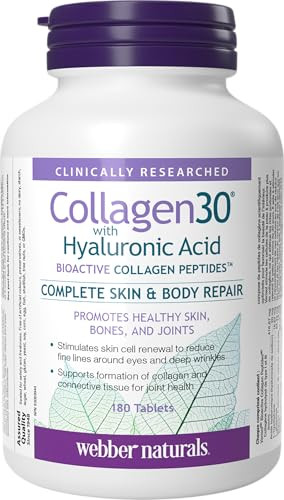 Webber Naturals Collagen30 with Hyaluronic Acid, Bioactive Collagen Peptides, 180 Tablets, Helps Reduce Eye Wrinkles and Fine Facial Line, Non GMO