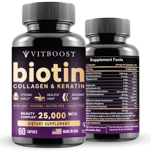 VITBOOST Biotin with Hyaluronic Acid, Collagen and Keratin  25000 mcg Hair Growth Vitamins for Men and Women  Nails and Skin, USA Made - Third Part